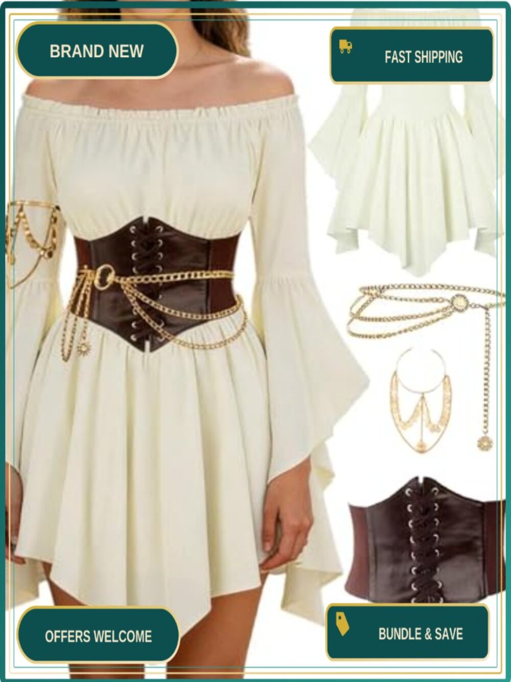 Renaissance Pirate Costume Dress PU Leather Corset Chain Belt 4-Piece Set